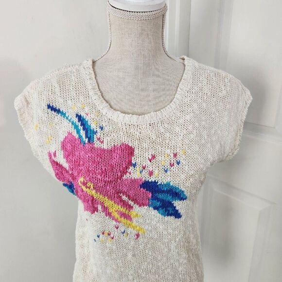 Vintage Sweater Womens L Cream Floral Crochet Open Knit 80s Skating Rink Prop - Picture 2 of 14